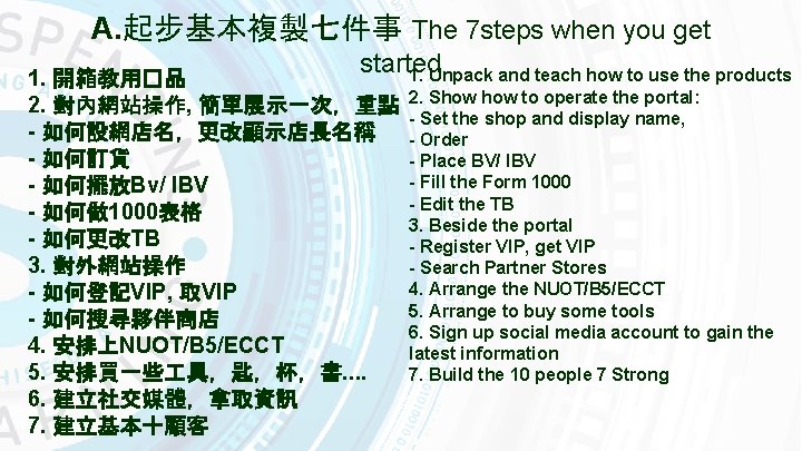A. 起步基本複製七件事 The 7 steps when you get started 1. Unpack and teach how