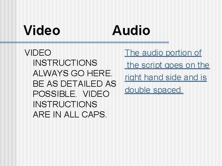 Video Audio VIDEO INSTRUCTIONS ALWAYS GO HERE. BE AS DETAILED AS POSSIBLE. VIDEO INSTRUCTIONS