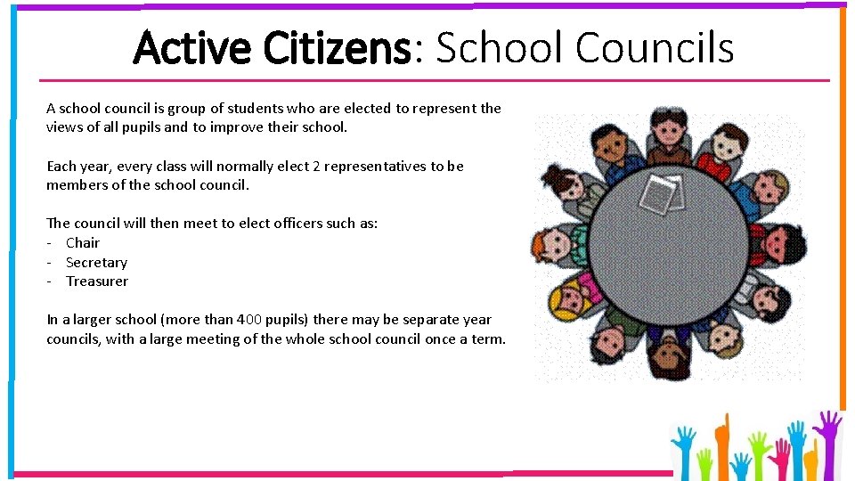 Active Citizens: School Councils A school council is group of students who are elected