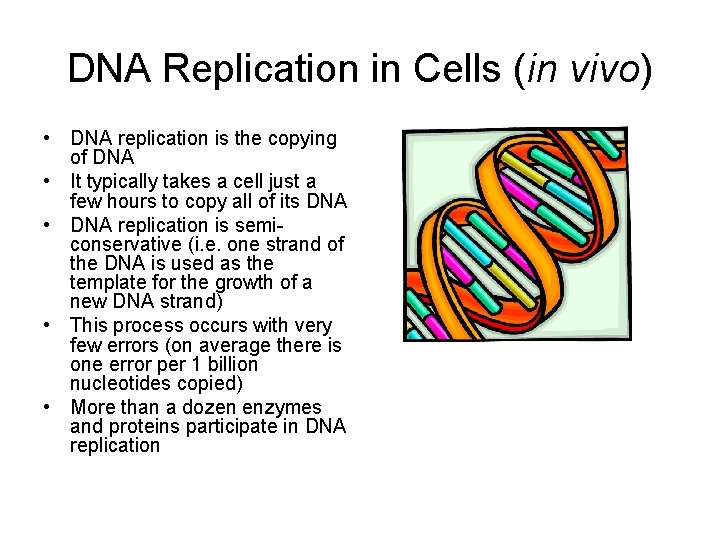 DNA Replication in Cells (in vivo) • DNA replication is the copying of DNA