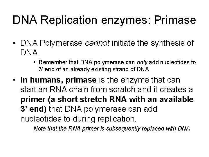 DNA Replication enzymes: Primase • DNA Polymerase cannot initiate the synthesis of DNA •