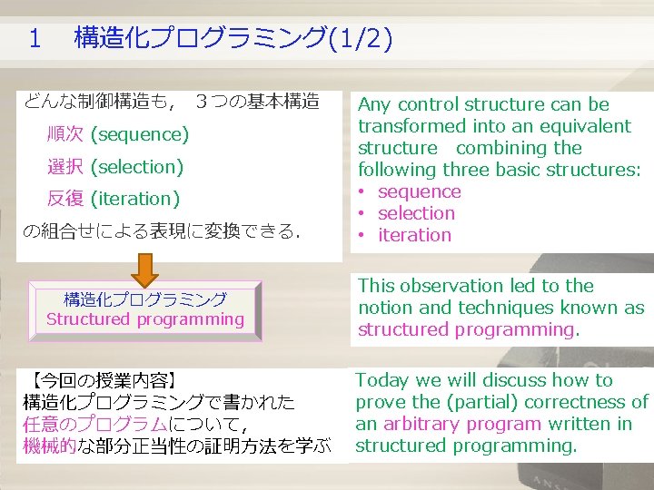 1 構造化プログラミング(1/2) どんな制御構造も, 3つの基本構造 順次 (sequence) 選択 (selection) 反復 (iteration) の組合せによる表現に変換できる. 構造化プログラミング Structured programming 【今回の授業内容】 1 構造化プログラミング(1/2) どんな制御構造も, 3つの基本構造 順次 (sequence) 選択 (selection) 反復 (iteration) の組合せによる表現に変換できる. 構造化プログラミング Structured programming 【今回の授業内容】