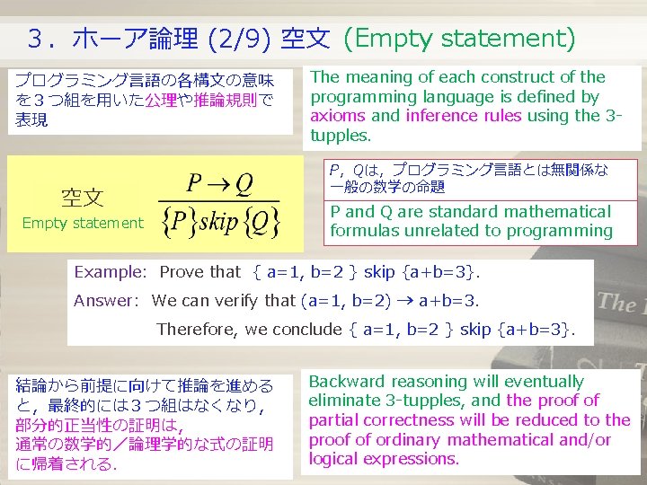 3.ホーア論理 (2/9) 空文 (Empty statement) プログラミング言語の各構文の意味 を3つ組を用いた公理や推論規則で 表現 The meaning of each construct of 3.ホーア論理 (2/9) 空文 (Empty statement) プログラミング言語の各構文の意味 を3つ組を用いた公理や推論規則で 表現 The meaning of each construct of