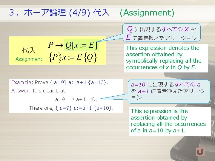 3.ホーア論理 (4/9) 代入 (Assignment) Q に出現するすべての x を E に置き換えたアサーション This expression denotes the 3.ホーア論理 (4/9) 代入 (Assignment) Q に出現するすべての x を E に置き換えたアサーション This expression denotes the