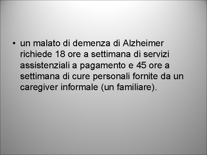  • un malato di demenza di Alzheimer richiede 18 ore a settimana di