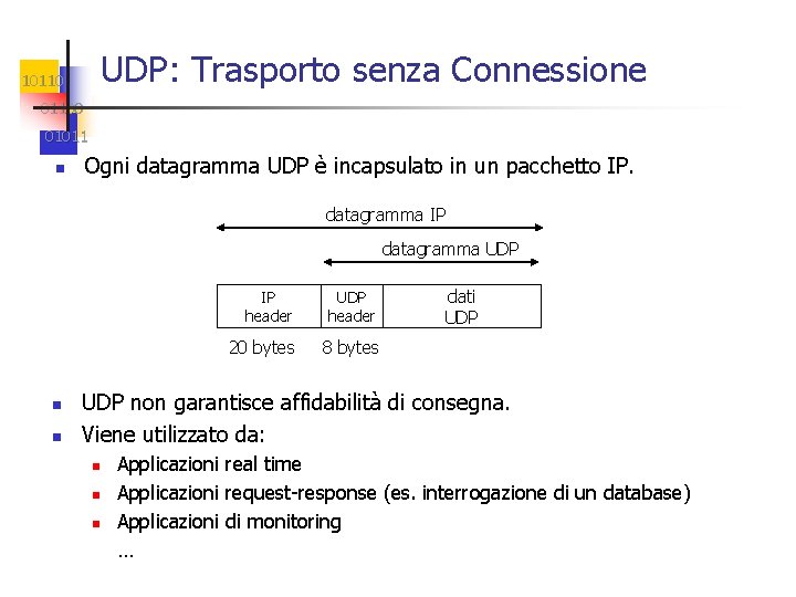 UDP: Trasporto senza Connessione 101100 01011 n Ogni datagramma UDP è incapsulato in un