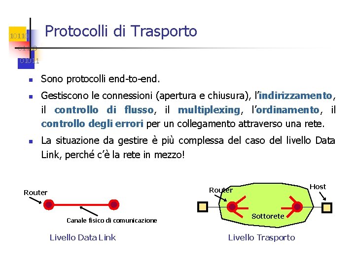 10110 Protocolli di Trasporto 01100 01011 n n n Sono protocolli end-to-end. Gestiscono le