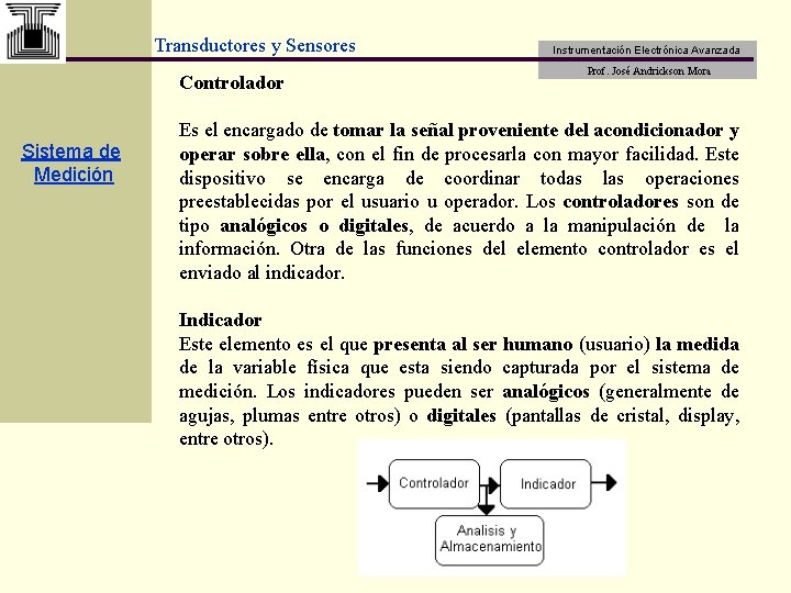 Transductores y Sensores Controlador Sistema de Medición Instrumentación Electrónica Avanzada Prof. José Andrickson Mora