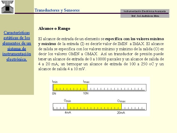 Transductores y Sensores Instrumentación Electrónica Avanzada Prof. José Andrickson Mora Características estáticas de los