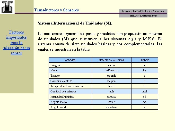 Transductores y Sensores Instrumentación Electrónica Avanzada Prof. José Andrickson Mora Sistema Internacional de Unidades