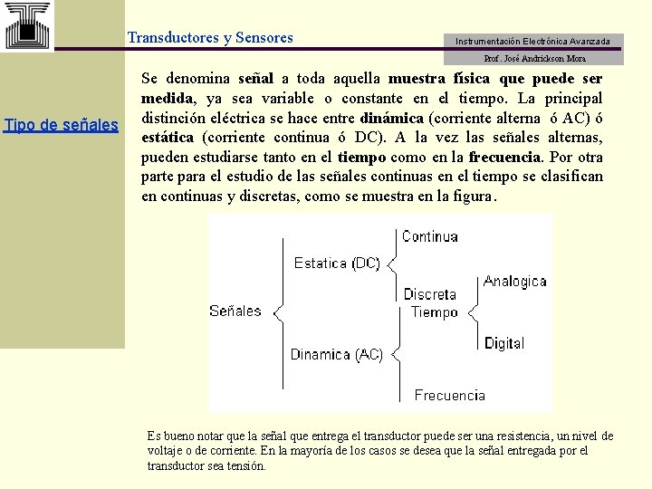 Transductores y Sensores Instrumentación Electrónica Avanzada Prof. José Andrickson Mora Tipo de señales Se