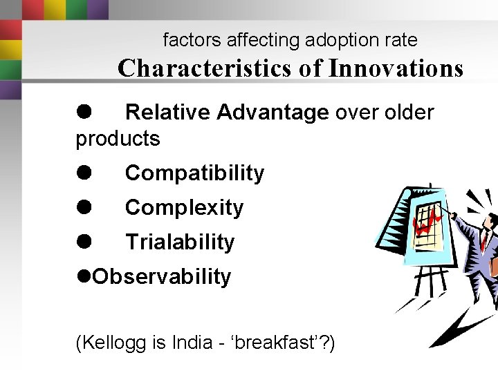 factors affecting adoption rate Characteristics of Innovations Relative Advantage over older products Compatibility Complexity factors affecting adoption rate Characteristics of Innovations Relative Advantage over older products Compatibility Complexity