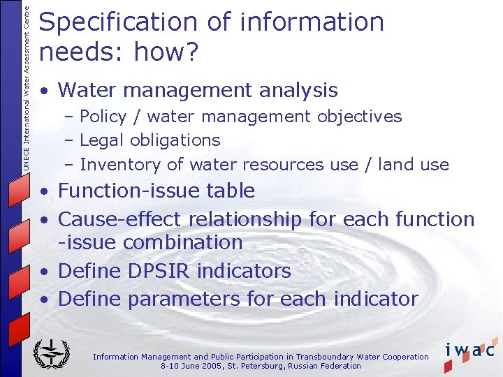 UNECE International Water Assessment Centre Specification of information needs: how? • Water management analysis