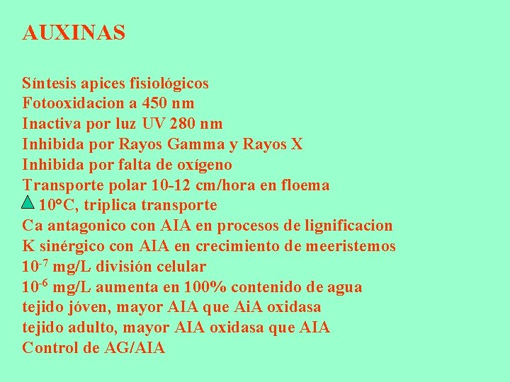 AUXINAS Síntesis apices fisiológicos Fotooxidacion a 450 nm Inactiva por luz UV 280 nm AUXINAS Síntesis apices fisiológicos Fotooxidacion a 450 nm Inactiva por luz UV 280 nm