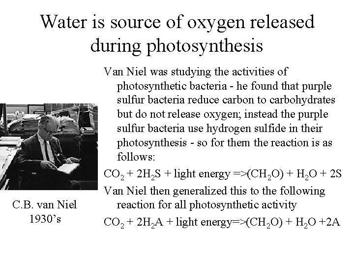 Water is source of oxygen released during photosynthesis C. B. van Niel 1930’s Van