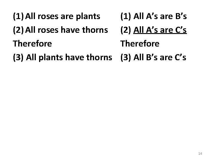 (1) All roses are plants (2) All roses have thorns Therefore (3) All plants