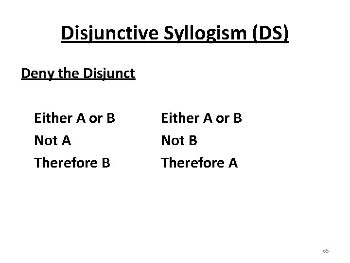 Disjunctive Syllogism (DS) Deny the Disjunct Either A or B Not A Therefore B