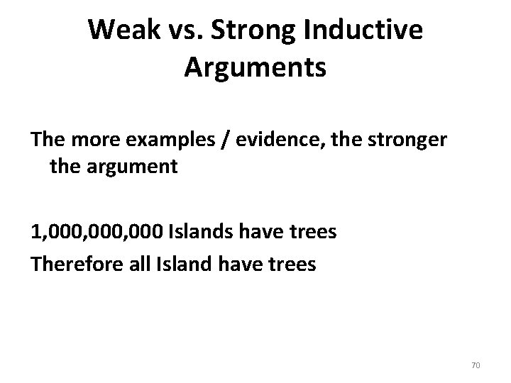 Weak vs. Strong Inductive Arguments The more examples / evidence, the stronger the argument