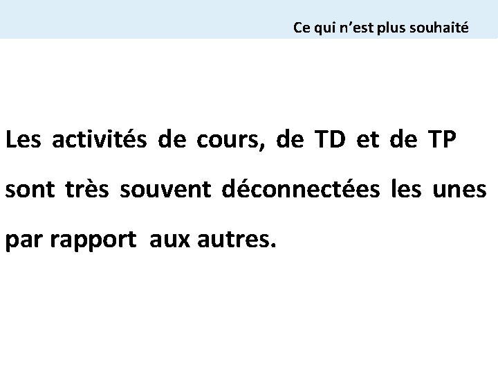 Ce qui n’est plus souhaité Les activités de cours, de TD et de TP