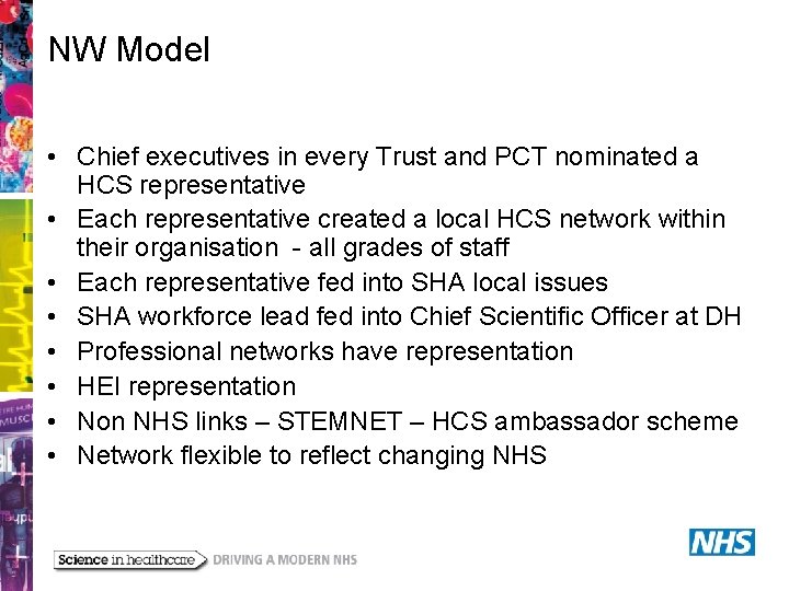 NW Model • Chief executives in every Trust and PCT nominated a HCS representative