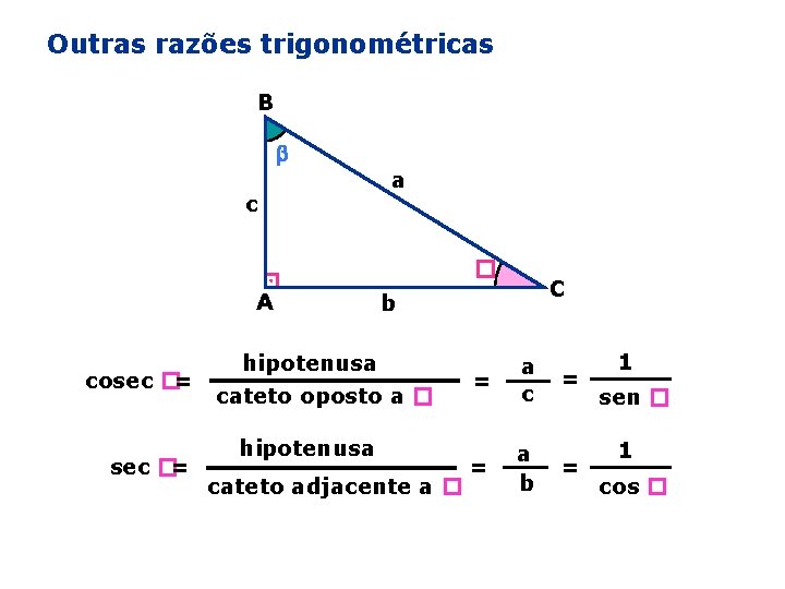 Outras razões trigonométricas B c a � A cosec �= C b hipotenusa cateto