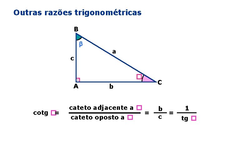 Outras razões trigonométricas B c a � A cotg �= C b cateto adjacente