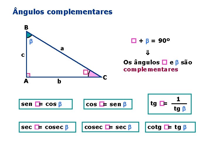  ngulos complementares B a ⇒ c � + = 90º � A b