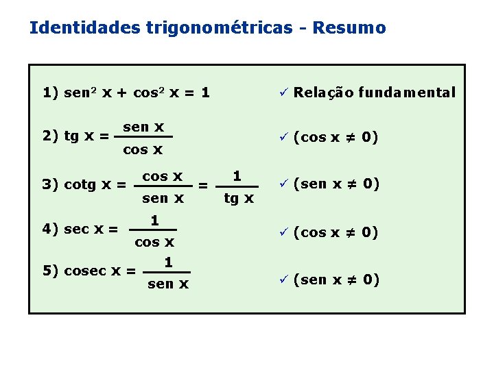 Identidades trigonométricas - Resumo 1) sen 2 x + cos 2 x = 1