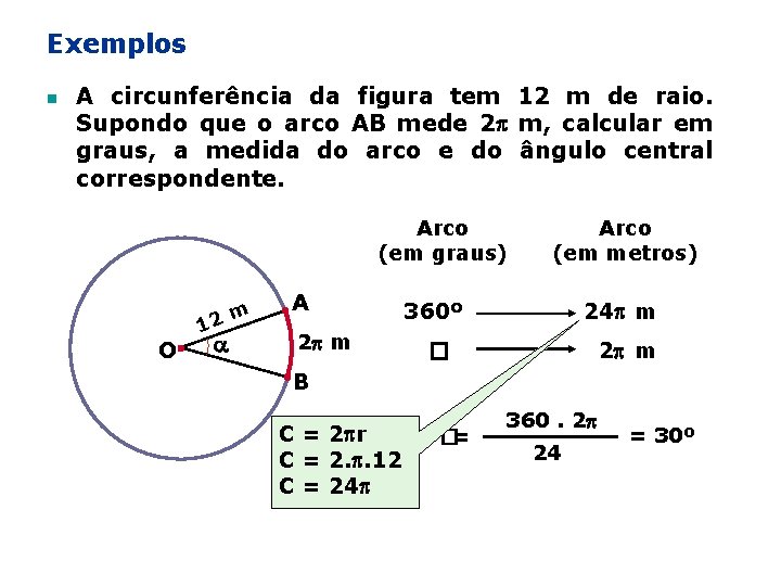 Exemplos n A circunferência da figura tem 12 m de raio. Supondo que o