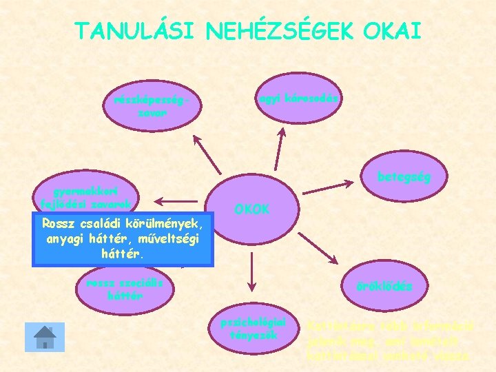 TANULÁSI NEHÉZSÉGEK OKAI részképességzavar gyermekkori fejlődési zavarok Rossz családi körülmények, anyagi háttér, műveltségi háttér.