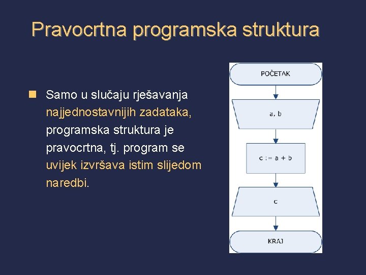 Pravocrtna programska struktura n Samo u slučaju rješavanja najjednostavnijih zadataka, programska struktura je pravocrtna,