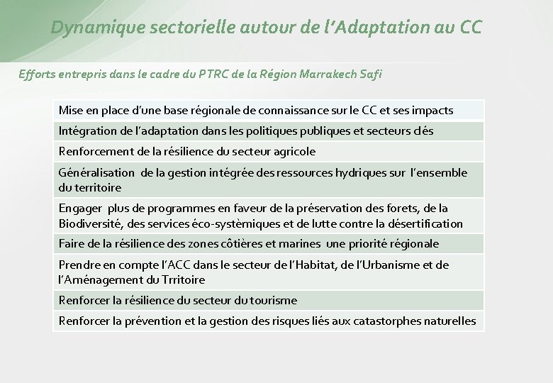 Dynamique sectorielle autour de l’Adaptation au CC Efforts entrepris dans le cadre du PTRC