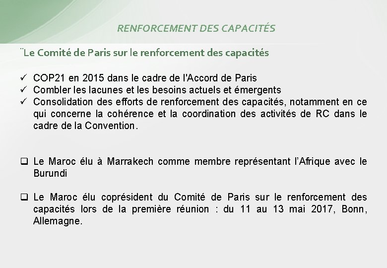 RENFORCEMENT DES CAPACITÉS ¨Le Comité de Paris sur le renforcement des capacités COP 21