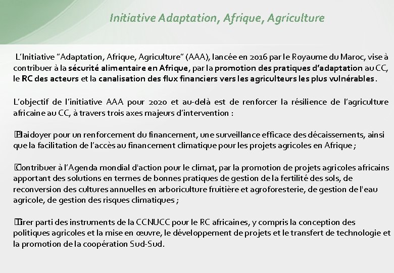 Initiative Adaptation, Afrique, Agriculture L’Initiative ”Adaptation, Afrique, Agriculture” (AAA), lancée en 2016 par le