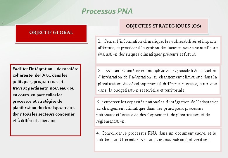 Processus PNA . OBJECTIFS STRATEGIQUES (OS) OBJECTIF GLOBAL 1. Cerner l’information climatique, les vulnérabilités