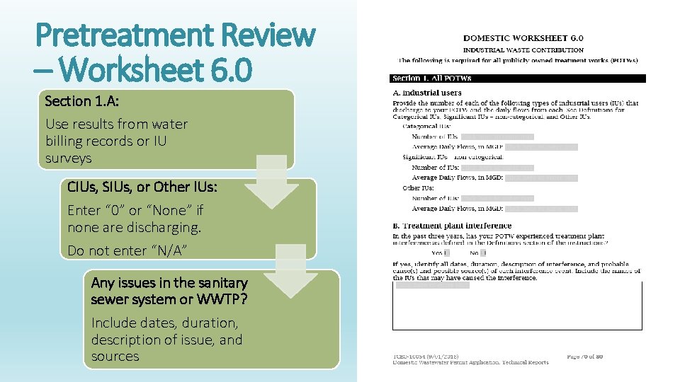 Pretreatment Review – Worksheet 6. 0 Section 1. A: Use results from water billing