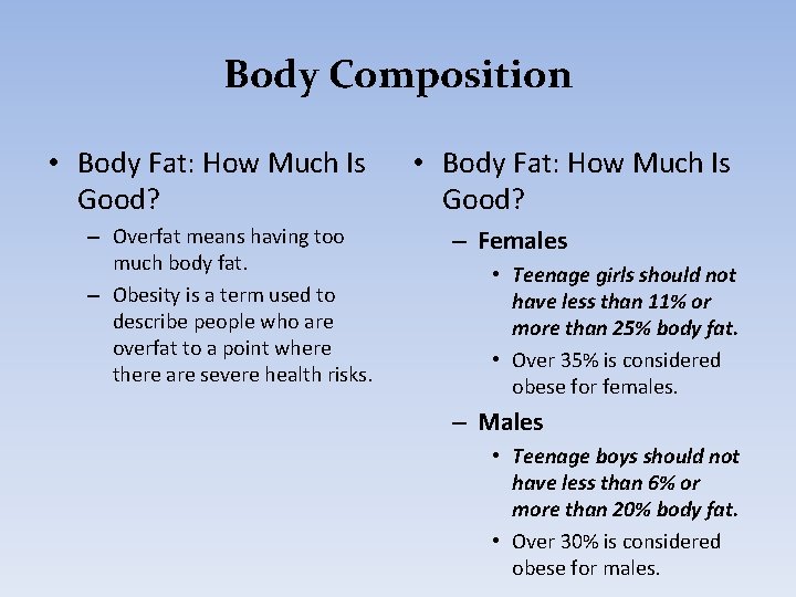 Body Composition • Body Fat: How Much Is Good? – Overfat means having too