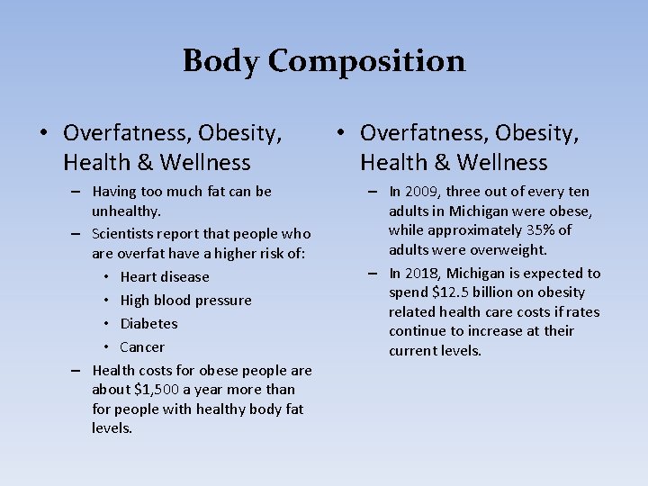 Body Composition • Overfatness, Obesity, Health & Wellness – Having too much fat can