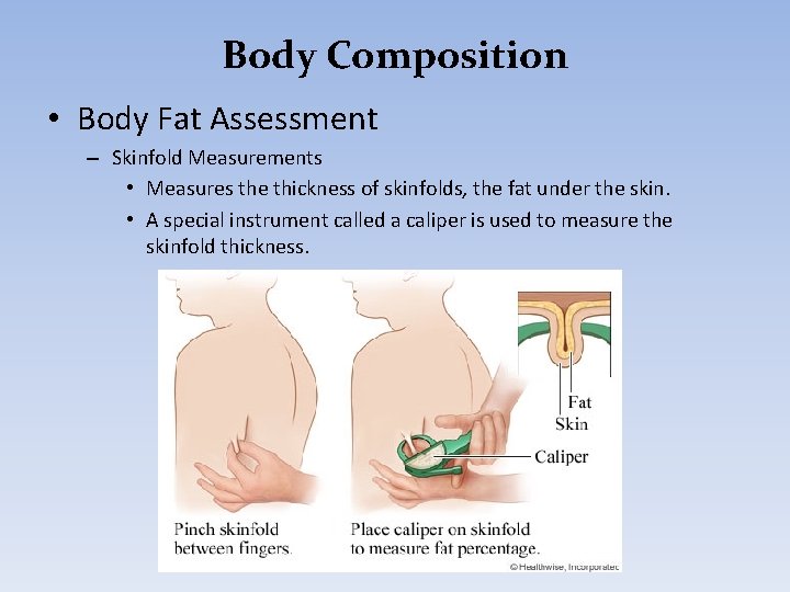 Body Composition • Body Fat Assessment – Skinfold Measurements • Measures the thickness of