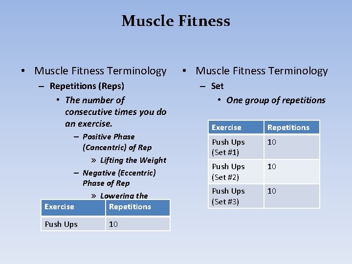Muscle Fitness • Muscle Fitness Terminology – Repetitions (Reps) • The number of consecutive