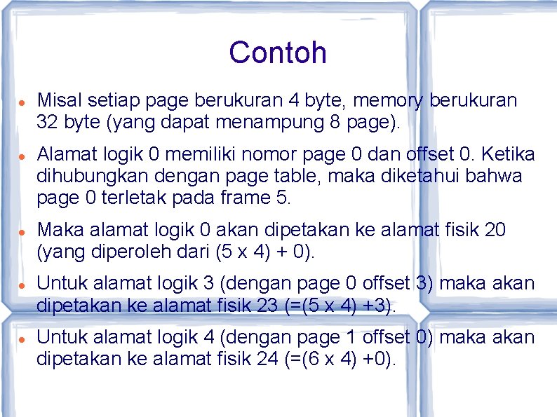 Contoh Misal setiap page berukuran 4 byte, memory berukuran 32 byte (yang dapat menampung