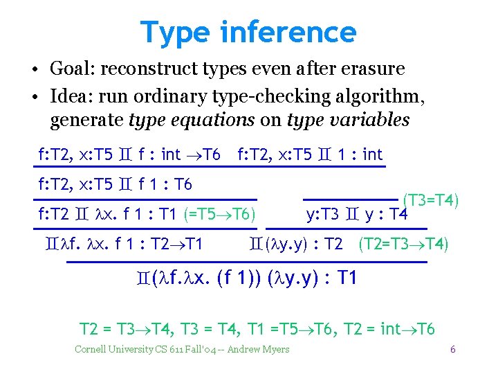 Type inference • Goal: reconstruct types even after erasure • Idea: run ordinary type-checking