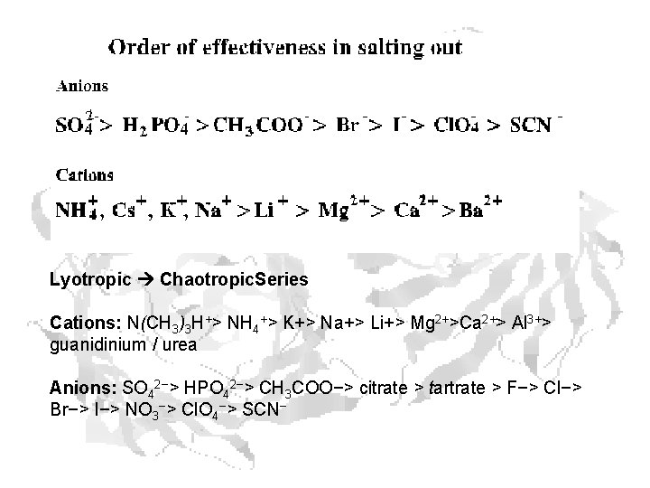 Lyotropic Chaotropic. Series Cations: N(CH 3)3 H+> NH 4+> K+> Na+> Li+> Mg 2+>Ca Lyotropic Chaotropic. Series Cations: N(CH 3)3 H+> NH 4+> K+> Na+> Li+> Mg 2+>Ca