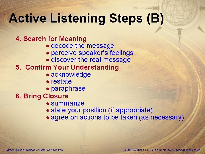 Active Listening Steps (B) 4. Search for Meaning · decode the message · perceive