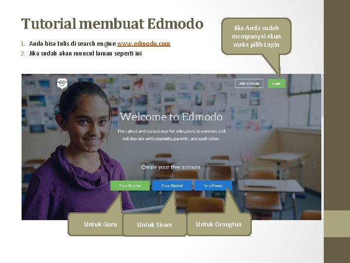 Tutorial membuat Edmodo 1. Anda bisa tulis di search engine www. edmodo. com 2.