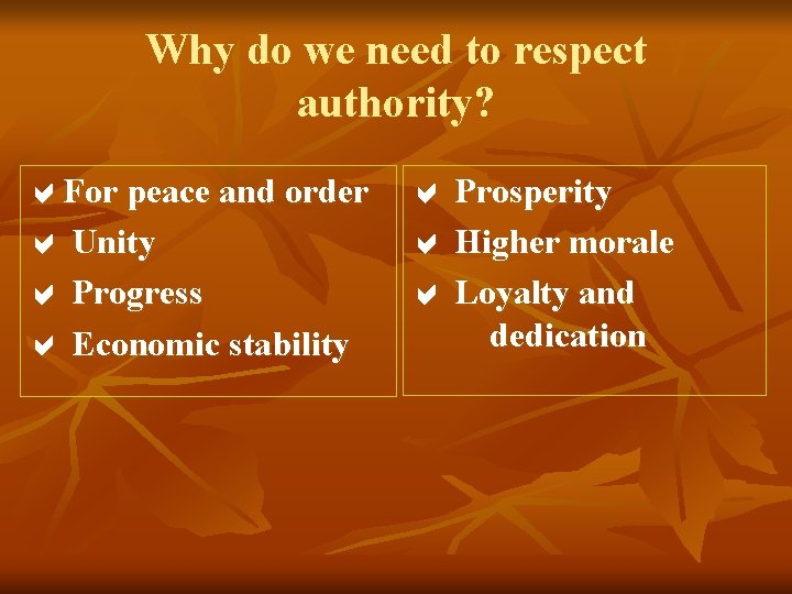 Why do we need to respect authority? For peace and order Unity Progress Economic