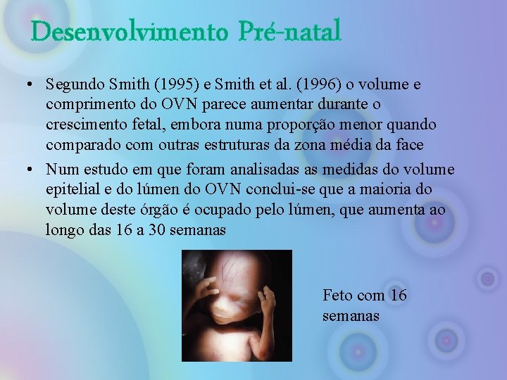 Desenvolvimento Pré-natal • Segundo Smith (1995) e Smith et al. (1996) o volume e