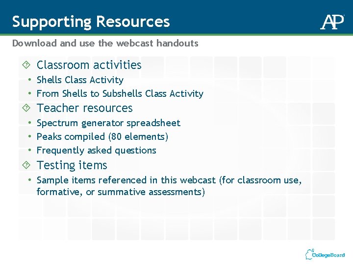 Supporting Resources Download and use the webcast handouts Classroom activities • Shells Class Activity