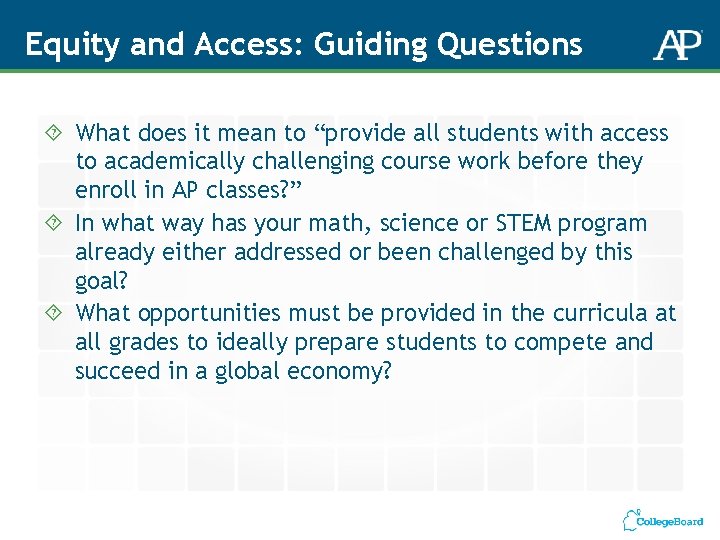 Equity and Access: Guiding Questions What does it mean to “provide all students with