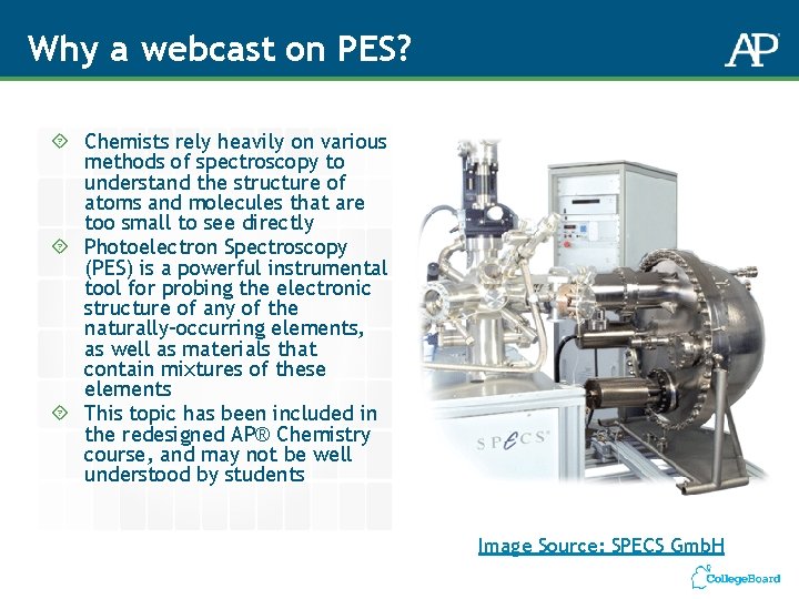 Why a webcast on PES? Chemists rely heavily on various methods of spectroscopy to